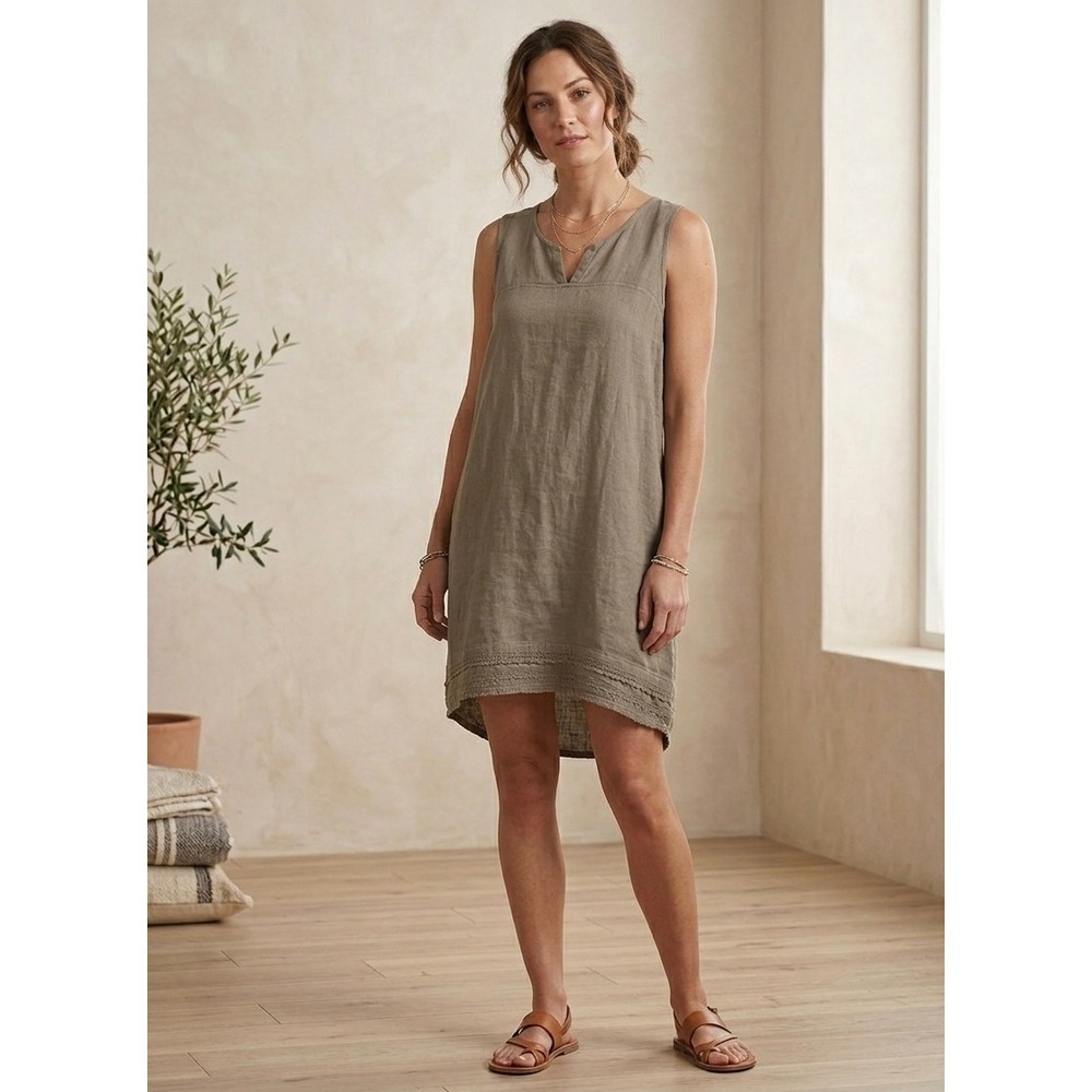 Lina Tomei Italy 100% Linen Sleeveless Shift Dress Size L Taupe Brown Minimalist